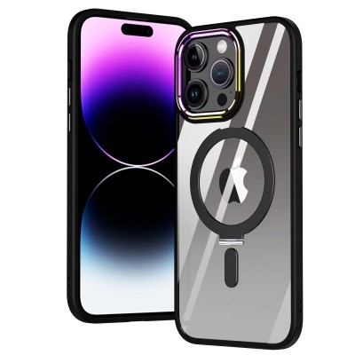 For iPhone 11 Pro MAX (XI6.5) Dazzle [Magnetic Circle] Kickstand Alloy Chrome Transparent Hybrid - Black