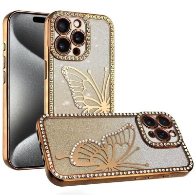 For iPhone 11 Pro MAX (XI6.5) Electroplated Butterfly With Diamonds Glitter Shimmer Hybrid Case - Black