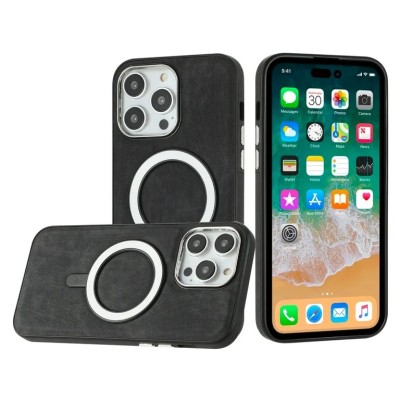 For iPhone 11 Pro MAX (XI6.5) Fashion Chrome Edged Camera [Magnetic Circle] PU Leather Hybrid - Black