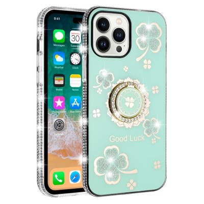 For iPhone 11 (XI6.1) Splendid Glitter with Diamonds All Around Edges Ring Stand Case Cover - Red