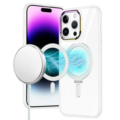 For iPhone 11 (XI6.1) Dazzle [Magnetic Circle] Kickstand Alloy Chrome Transparent Hybrid - Clear