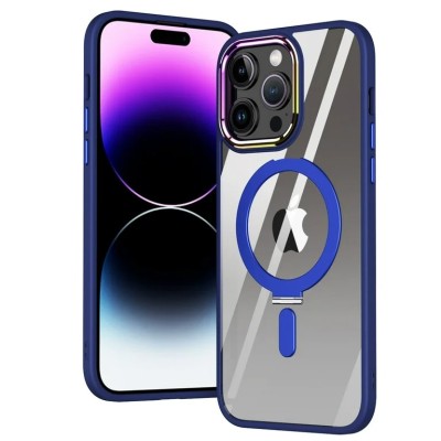 For iPhone 11 (XI6.1) Dazzle [Magnetic Circle] Kickstand Alloy Chrome Transparent Hybrid - Navy Blue