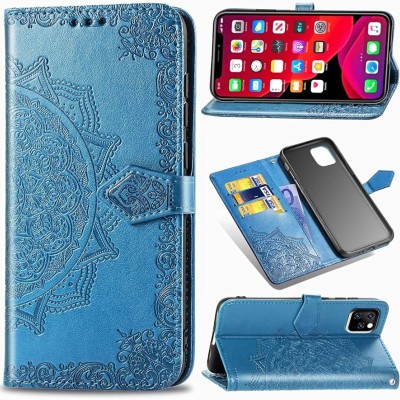 For iPhone 11 (XI6.1) Design Wallet ID Credit Card Money Holder with Magnetic Metal Closure including Lanyard - Blue Floral