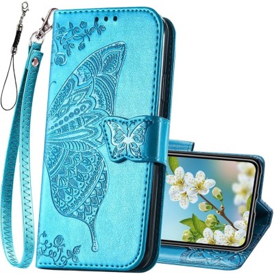 For iPhone 11 (XI6.1) Design Wallet ID Credit Card Money Holder with Magnetic Metal Closure including Lanyard - Colorful Butterflies
