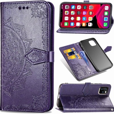 For iPhone 11 (XI6.1) Design Wallet ID Credit Card Money Holder with Magnetic Metal Closure including Lanyard - Purple Lily