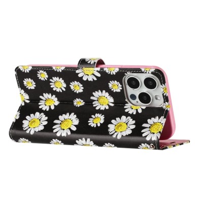 For iPhone 11 (XI6.1) Design Wallet ID Credit Card Money Holder with Magnetic Metal Closure including Lanyard - White Daisy Blossom Floral