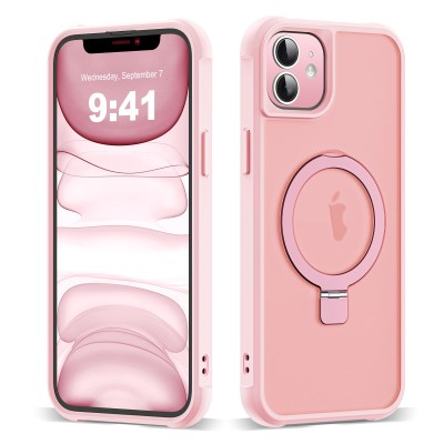 For iPhone 11 (XI6.1) Disc Chrome Circle With Chromed Tempered Glass Screen Protector PU UV Leather Case - Light Pink