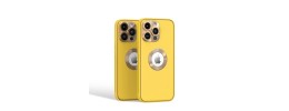 For iPhone 11 (XI6.1) Disc Chrome Circle With Chromed Tempered Glass Screen Protector PU UV Leather Case - Yellow