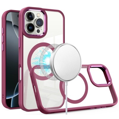 For iPhone 11 (XI6.1) Greatest Clear Acrylic [Magnetic Circle] ShockProof ToughThick Metal Button Hybrid - Burgundy