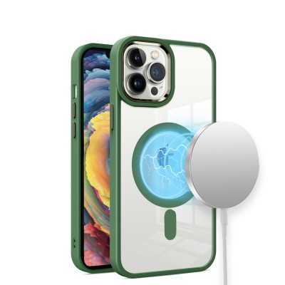 For iPhone 11 (XI6.1) Greatest Clear Acrylic [Magnetic Circle] ShockProof ToughThick Metal Button Hybrid - Midnight Green
