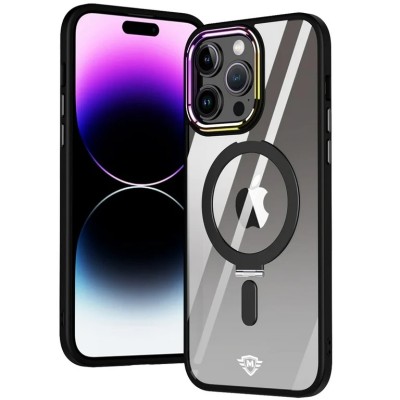 For iPhone 11 (XI6.1) Hoop Kickstand [Magnetic Circle] HD Transparent Chrome Hybrid - Black