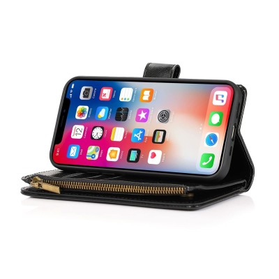 For iPhone 11 (XI6.1) Jewel Wallet Design with Stitched PU Leather ID Card Money Holder Zipper Case - Black