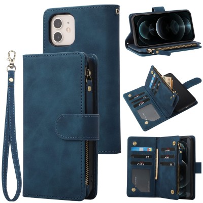 For iPhone 11 (XI6.1) Jewel Wallet Design with Stitched PU Leather ID Card Money Holder Zipper Case - Navy Blue
