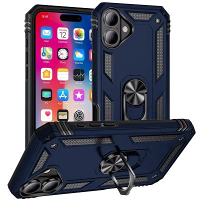 For iPhone 11 (XI6.1) Magnetic Ring Circle Camera Cap KickStand Hybrid UV Paint Matte Finish Case - Blue