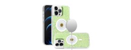 For iPhone 11 (XI6.1) Magnetic Ring Circle Real Flower Epoxy Glitter Hybrid Case Cover - Green