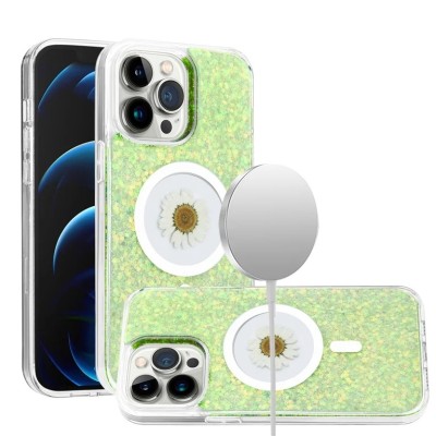 For iPhone 11 (XI6.1) Magnetic Ring Circle Real Flower Epoxy Glitter Hybrid Case Cover - Green