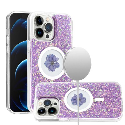 For iPhone 11 (XI6.1) Magnetic Ring Circle Real Flower Epoxy Glitter Hybrid Case Cover - Light Purple