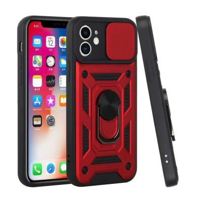 For iPhone 11 (XI6.1) Magnetic Ring Circle Real Flower Epoxy Glitter Hybrid Case Cover - Red