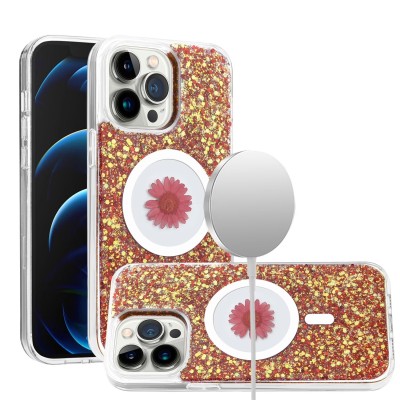 For iPhone 11 (XI6.1) Magnetic Ring Circle Real Flower Epoxy Glitter Hybrid Case Cover - Rose Gold