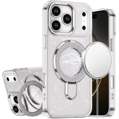 For iPhone 11 (XI6.1) Magnetic Ring Circle Real Flower Epoxy Glitter Hybrid Case Cover - Silver