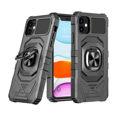 For iPhone 11 (XI6.1) Magnetic Ring Radiator Design Hybrid with Metal Buttons Case Coverr - Black