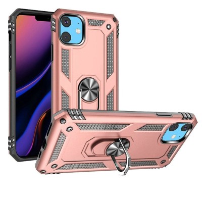 For iPhone 11 (XI6.1) Magnetic Ring Stand Simplistic Tough Hybrid Case Cover - Rose Gold