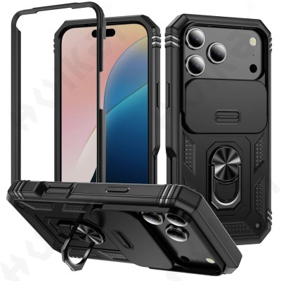 For iPhone 11 (XI6.1) Metal Chrome Kickstand [Magnetic Circle] Shockproof Matching Camera Hybrid - Black