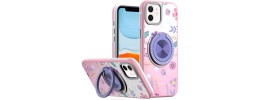 For iPhone 11 (XI6.1) Metal Diamond CD Pattern Design Matte Finished Hybrid with Rotational Ring [Car Mount Friendly] Case - Floral A