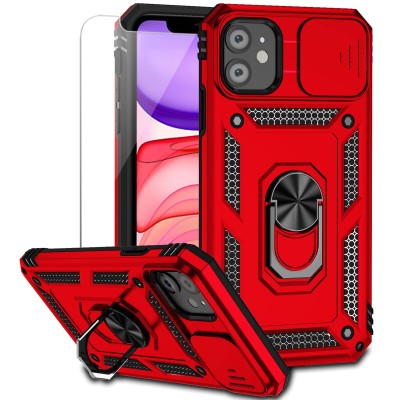 For iPhone 11 (XI6.1) Push Mount Friendly Camera Protective [Ring Stand] Hybrid Case - Red