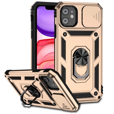 For iPhone 11 (XI6.1) Splendid Floral Designs with Metal Camera and Buttons with Butterfly Ring Stand Hybrid Case - Gold QBSPLNDXFLR-iP11-Gold