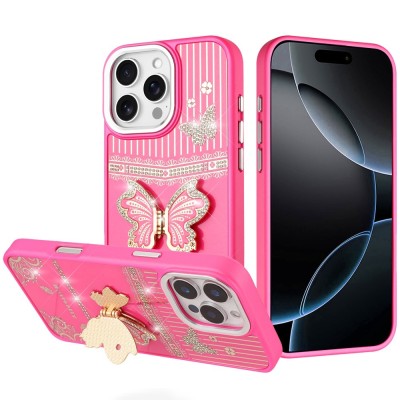 For iPhone 11 (XI6.1) Splendid Glitter Butterfly Design Stand with Metallic Edges Hybrid Case - Hot Pink