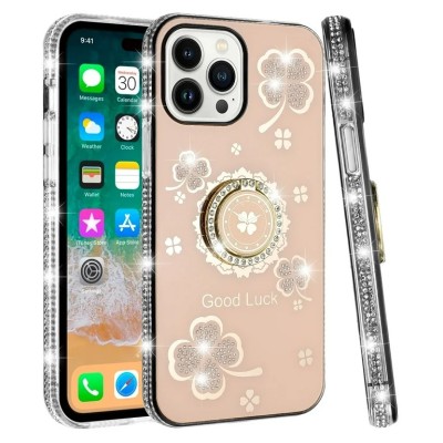 For iPhone 11 (XI6.1) Splendid Glitter with Diamonds All Around Edges Ring Stand Case Cover - Gold