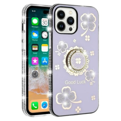 For iPhone 11 (XI6.1) Splendid Glitter with Diamonds All Around Edges Ring Stand Case Cover - Purple
