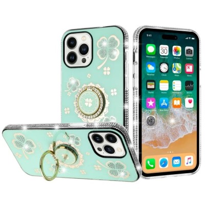 For iPhone 11 (XI6.1) Splendid Glitter with Diamonds All Around Edges Ring Stand Case Cover - Teal