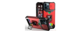 For iPhone 12 & iPhone 12 Pro (Open Camera Hole) Card Holder with Magnetic Ring Stand Hybrid Case Cover - Red