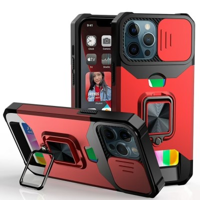 For iPhone 12 & iPhone 12 Pro (Open Camera Hole) Card Holder with Magnetic Ring Stand Hybrid Case Cover - Red