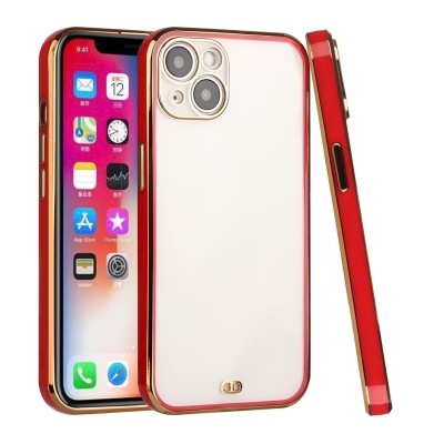 For iPhone 12 (Dual Camera Punch) Gold Plated Chrome Transparent Clear Thick TPU Case Cover - Red