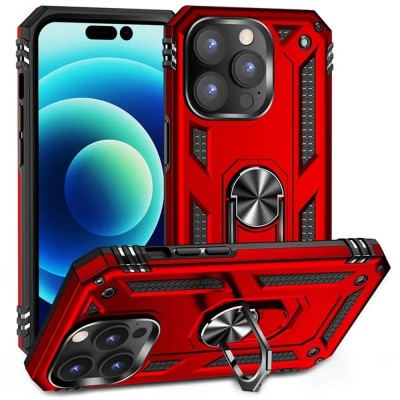 For iPhone 12 Pro (Camera Punch) Carbon Fiber Design Fused Magnetic Ring Stand Case Cover - Red