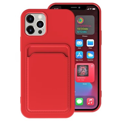 For iPhone 12 Pro (Camera Punch) Card Holder Frosted Shockproof Hybrid Case Cover - Red