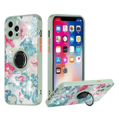 For iPhone 12 Pro (Camera Punch) Crystal Diamond Bling Magnetic Ring Stand Case Cover - Colorful K