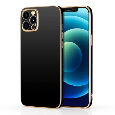 For iPhone 12 Pro (Camera Punch) Gold Plated Chrome Transparent Clear Thick TPU Case Cover - Black