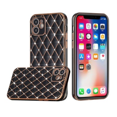 For iPhone 12 Pro (Camera Punch) Hearts Chain on Electroplated Grid Design TPU Case Cover - Black