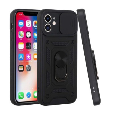 For iPhone 12 Pro (Camera Punch) Multiple Card Holder Kickstand Hybrid Case Cover - Black