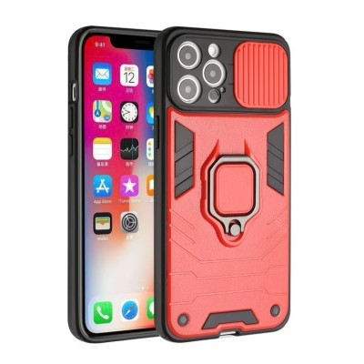 For iPhone 12 Pro (Camera Punch) Opener Metal Magnetic Kickstand Hybrid Case Cover - Red