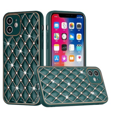 For iPhone 12 Pro (Camera Punch) Royal Electroplated Diamond Bling Premium Hybrid Case Cover - Midnight Green