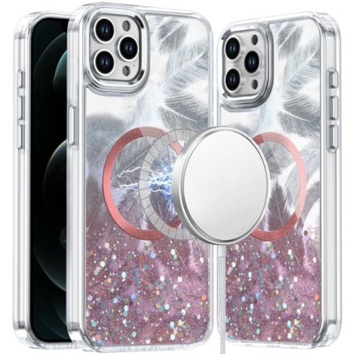 For iPhone 12 Pro Max 6.7 Epoxy Glitter Shimmer [Magnetic Circle] Hybrid Case - Hot Pink