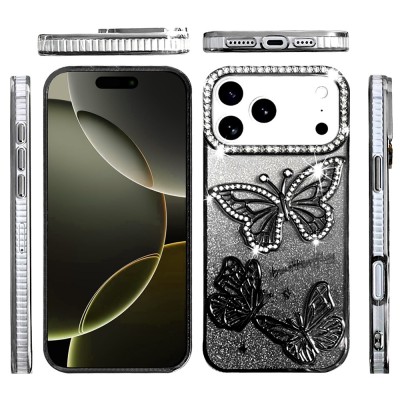 For iPhone 12 Pro Max 6.7 Butterfly Freedom Shimmer Glitter Thick TPU Case Cover - Black
