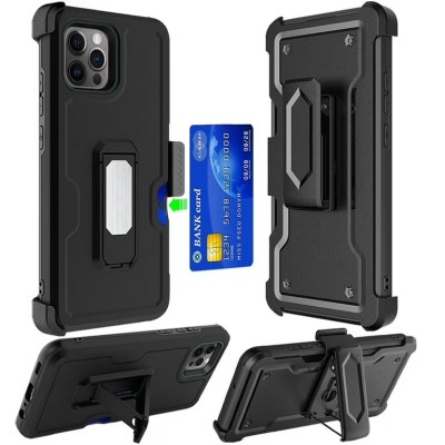 For iPhone 12 Pro Max 6.7 CARD Holster with Kickstand Clip Hybrid Case Cover - Black