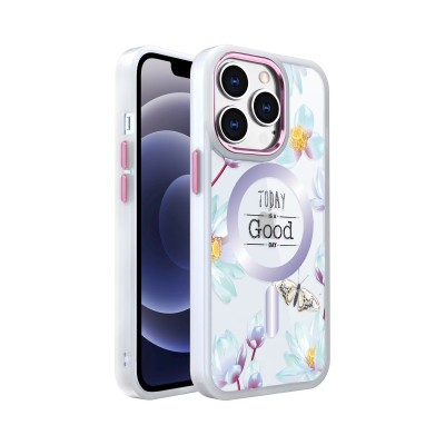 For iPhone 12 Pro Max 6.7 Design Quotation [Magnetic Circle] Transparent Shockproof Hybrid - Floral B