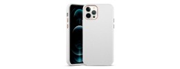 For iPhone 12 Pro Max 6.7 Disc Chrome Circle With Chromed Tempered Glass Screen Protector PU UV Leather Case - White